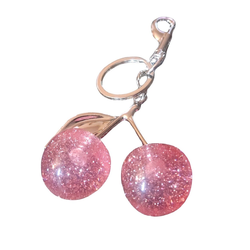 Pink Glitter Cherry Keychain‎ Silver Tone Bag Charm Fruit Accessory Y2K Style